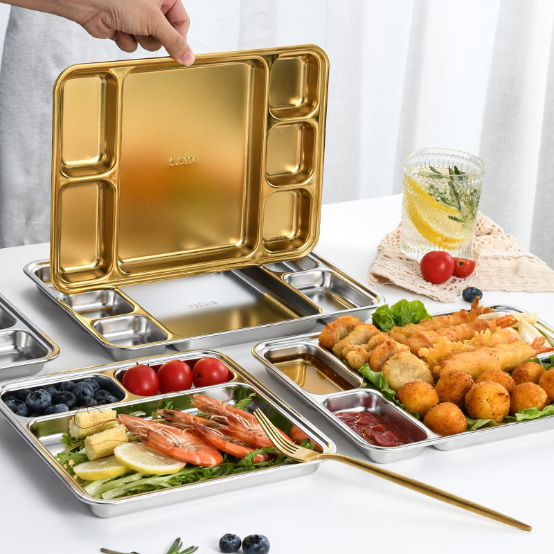 New Stainless Steel 304 Plate Canteen Use Serving Tray Dish Plate for Food Silver Golden Color Divider Square Dinnerware