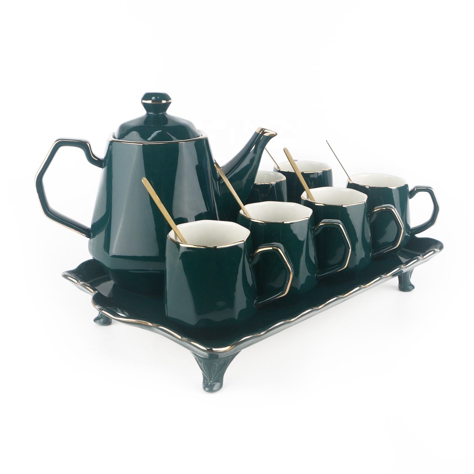 New design Light glaze green Ceramic Porcelain Coffee Tea Pot With 6 Cups Set and Big Tray for ethiopian