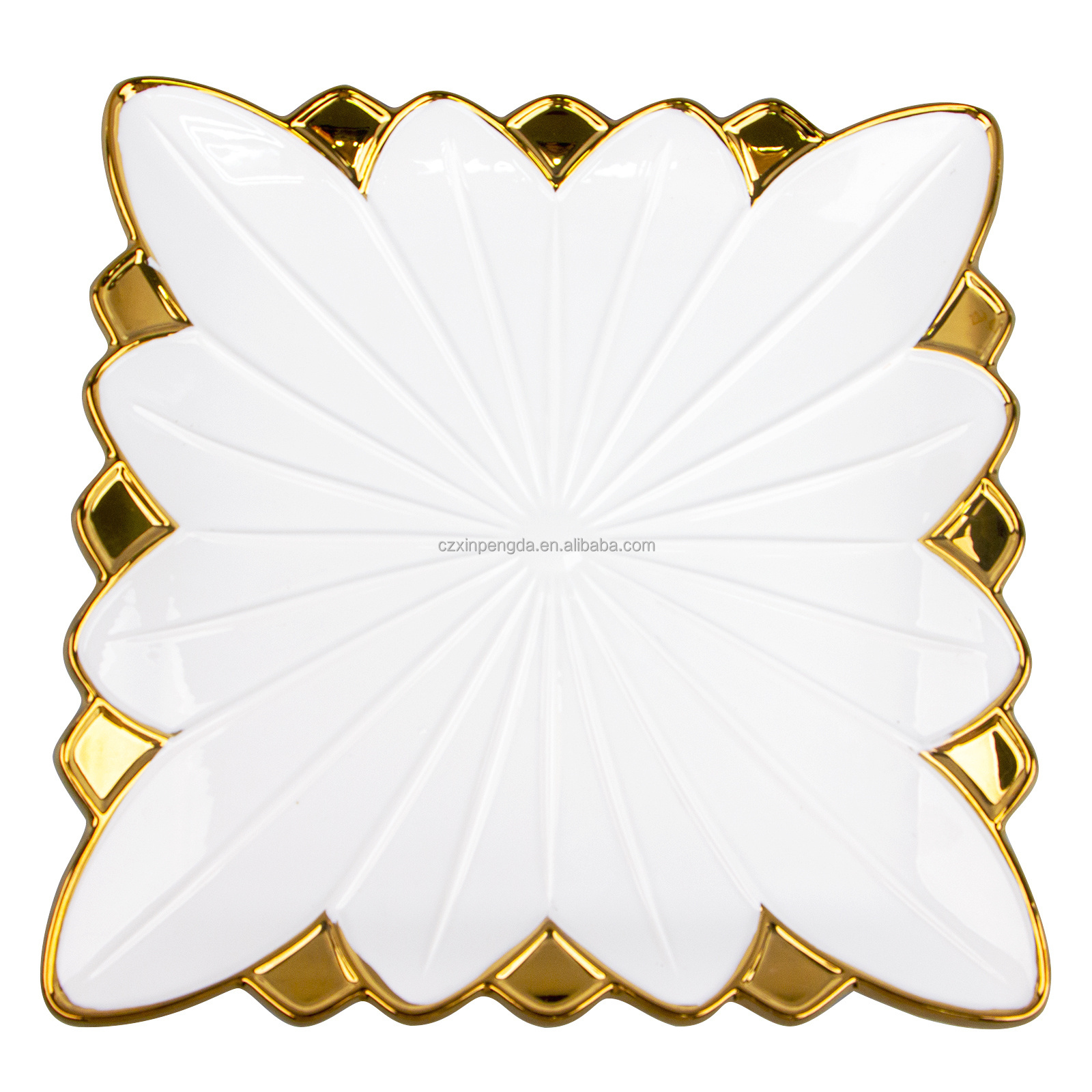 New design restaurant used home goods white square flower shape ceramic plate with gold rim