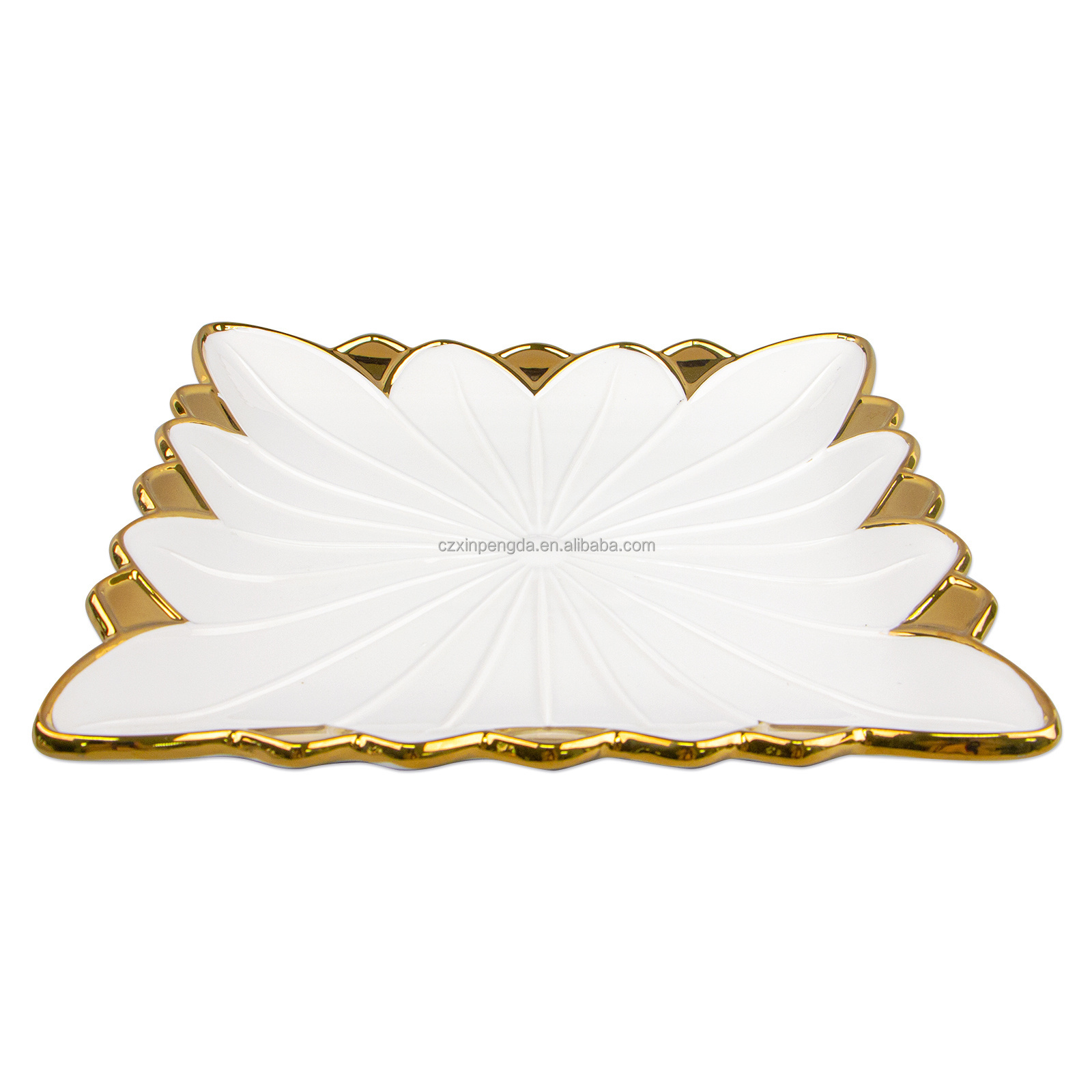 New design restaurant used home goods white square flower shape ceramic plate with gold rim