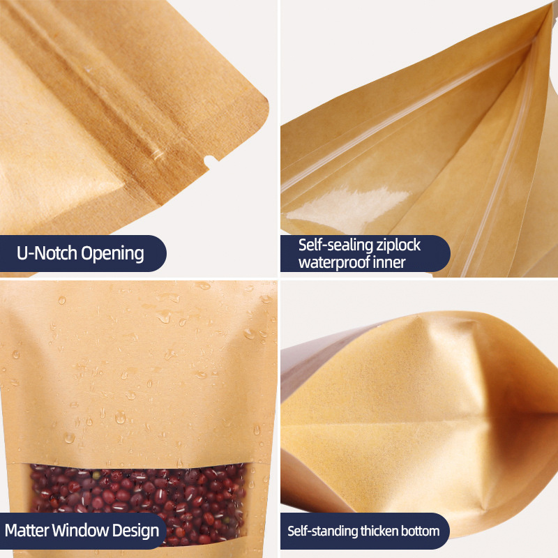 Wholesale inventory kraft paper self-supporting zipper bags thickened brown transparent plastic bags