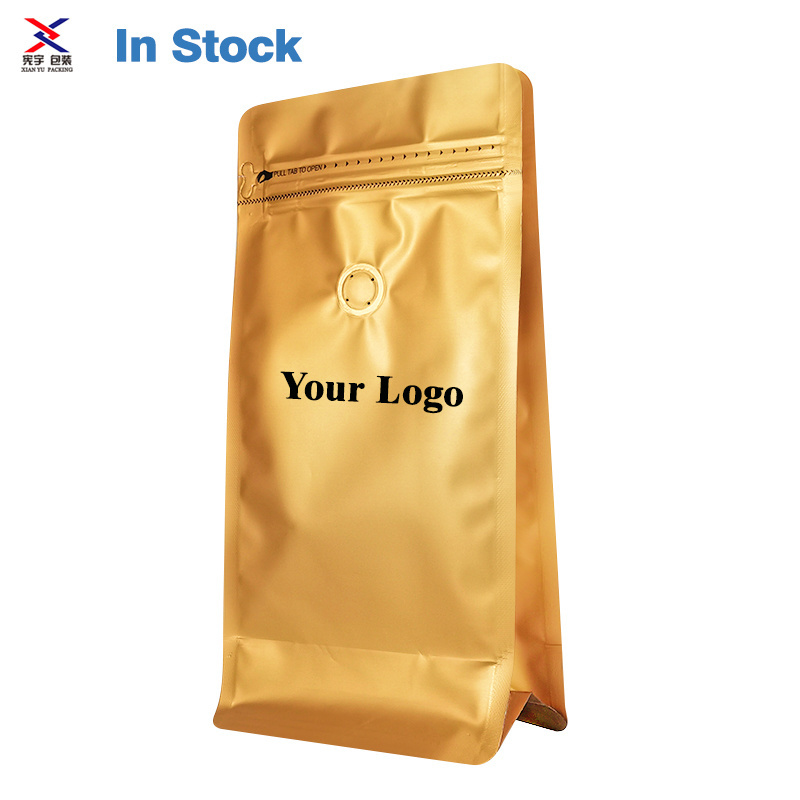 In Stock black standing coffee bag with valve and zipper Kraft paper custom printed flat bottom 250g 500g coffee bean bag