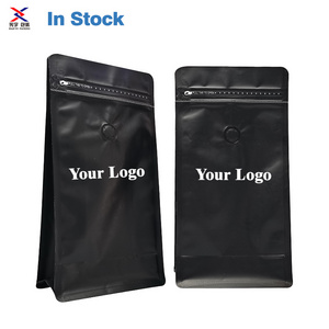 In Stock black standing coffee bag with valve and zipper Kraft paper custom printed flat bottom 250g 500g coffee bean bag