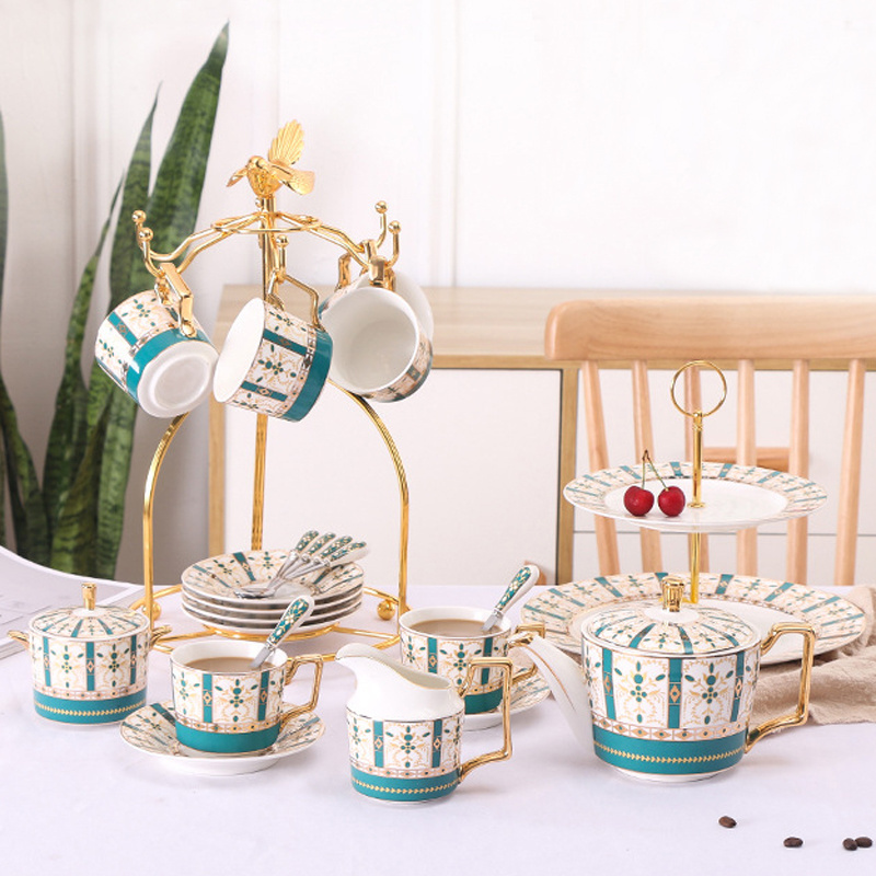 Luxury european style 23pcs Porcelain Coffee Tea Set with Gold Decor Ceramic Tea Pot and Cup Set