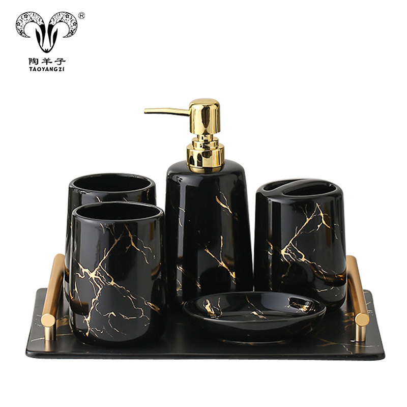 Home 5pcs luxury matte ceramic bathroom set crack gold decoration bathroom accessory set