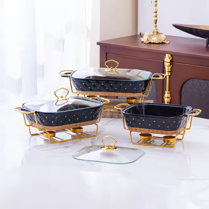 Hotel Used Luxury Rectangle Alcohol Stove Chafing Dish Wedding Ceramic Buffet Food Warmer Chafing Dishes