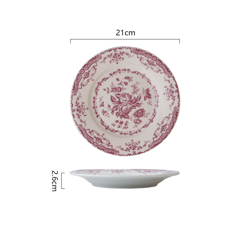 Europe style retro style ceramic plate Rose flower steak dishes INS style  porcelain plate breakfast dessert plate