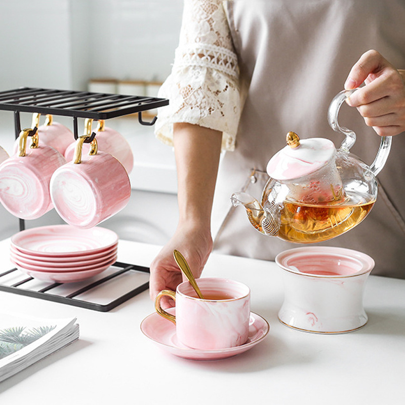 Luxury coffee ware 21 pieces new bone China coffee 6 cups saucers tea pot pink grey marble ceramic tea set with teapot warmer