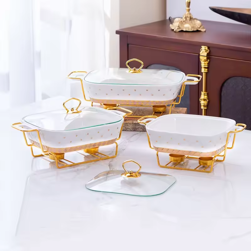 Hotel Used Luxury Rectangle Alcohol Stove Chafing Dish Wedding Ceramic Buffet Food Warmer Chafing Dishes