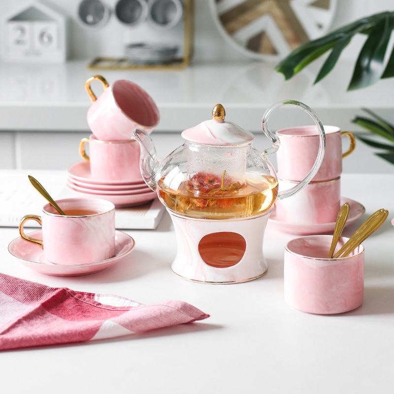 Luxury coffee ware 21 pieces new bone China coffee 6 cups saucers tea pot pink grey marble ceramic tea set with teapot warmer