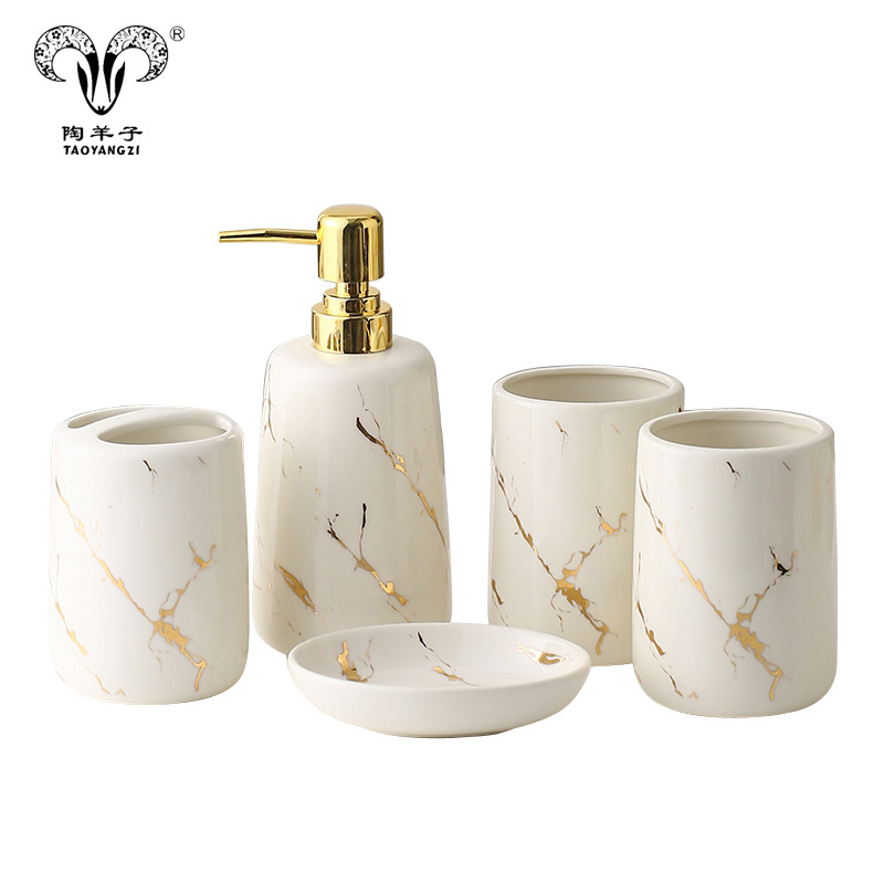 Home 5pcs luxury matte ceramic bathroom set crack gold decoration bathroom accessory set