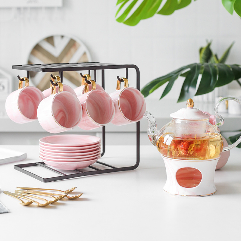 Luxury coffee ware 21 pieces new bone China coffee 6 cups saucers tea pot pink grey marble ceramic tea set with teapot warmer