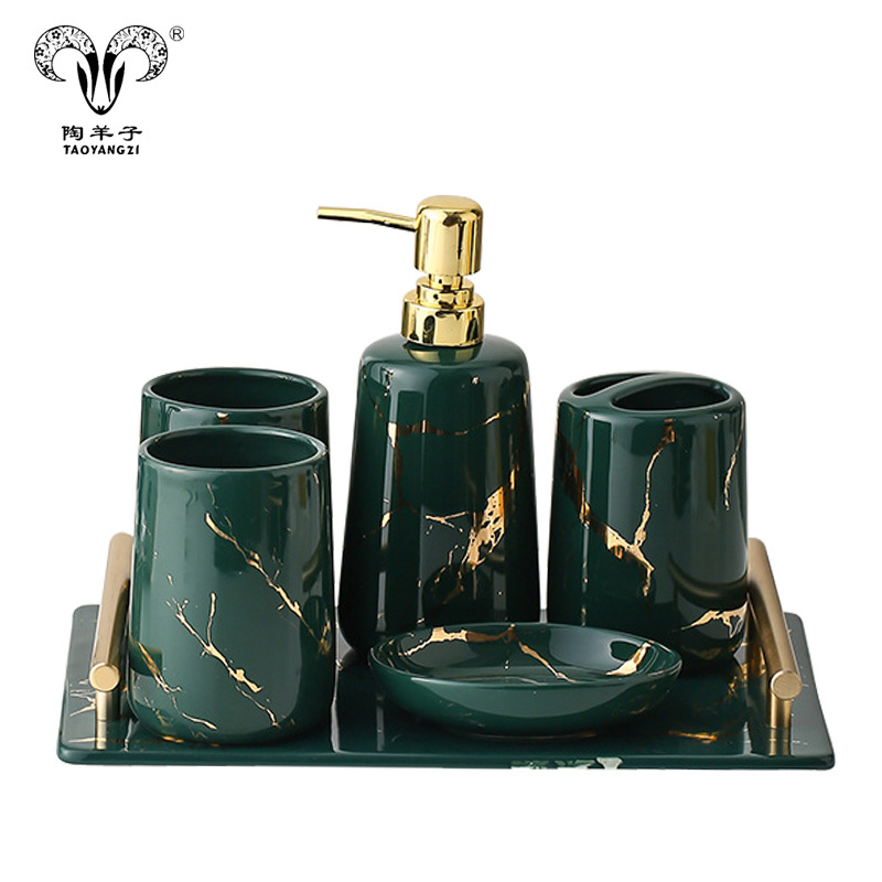 Home 5pcs luxury matte ceramic bathroom set crack gold decoration bathroom accessory set