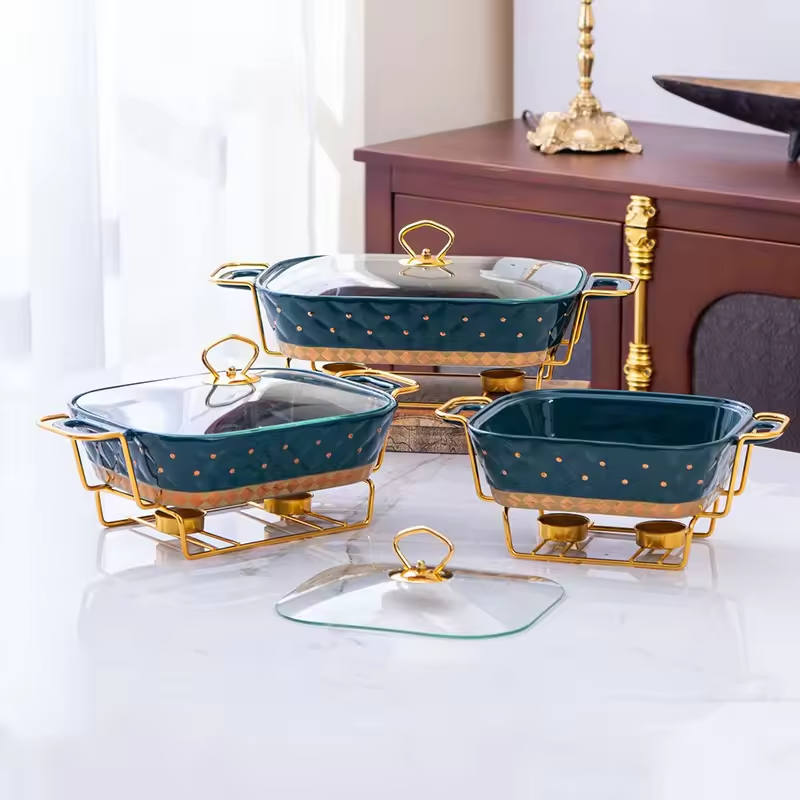 Hotel Used Luxury Rectangle Alcohol Stove Chafing Dish Wedding Ceramic Buffet Food Warmer Chafing Dishes