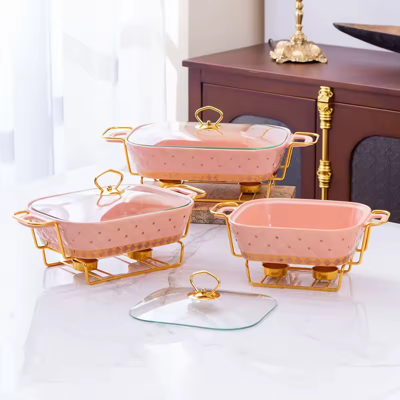 Hotel Used Luxury Rectangle Alcohol Stove Chafing Dish Wedding Ceramic Buffet Food Warmer Chafing Dishes