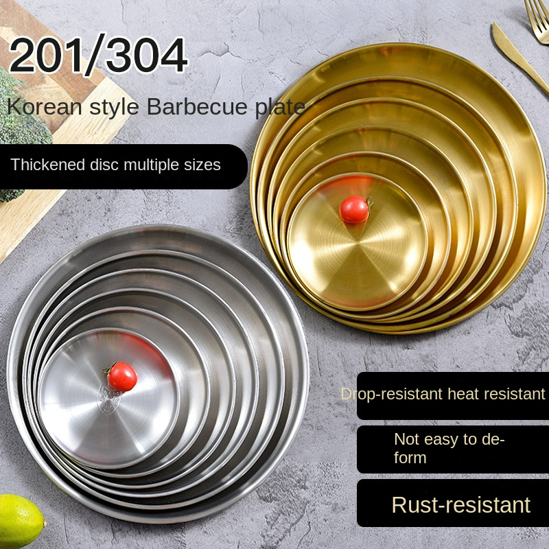 Restaurant Gold Serving Tray Round Dessert Stainless Steel Dinner Plates Cake Snack Dish Silver Storage Plate For Wedding Party