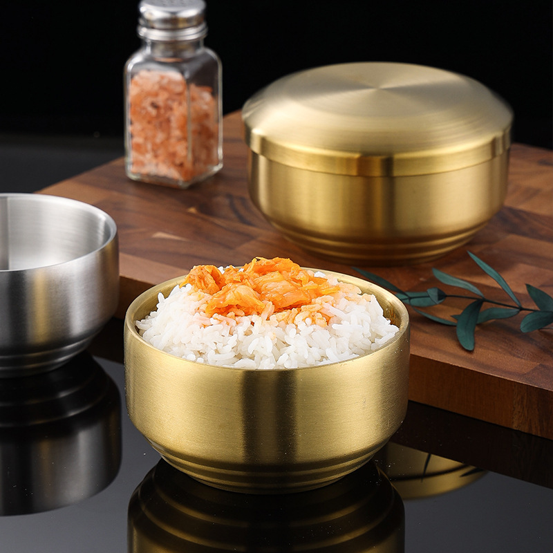 Gold and silver Korean  Insulated Double Wall Stainless Steel 304 Portable  Mixing Rice Bowl With Lids