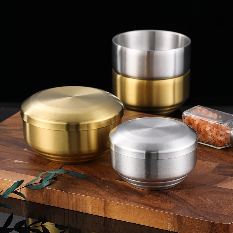 Gold and silver Korean  Insulated Double Wall Stainless Steel 304 Portable  Mixing Rice Bowl With Lids