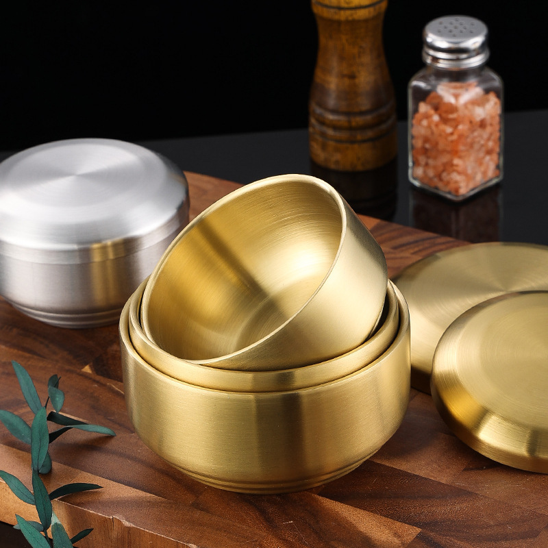 Gold and silver Korean  Insulated Double Wall Stainless Steel 304 Portable  Mixing Rice Bowl With Lids