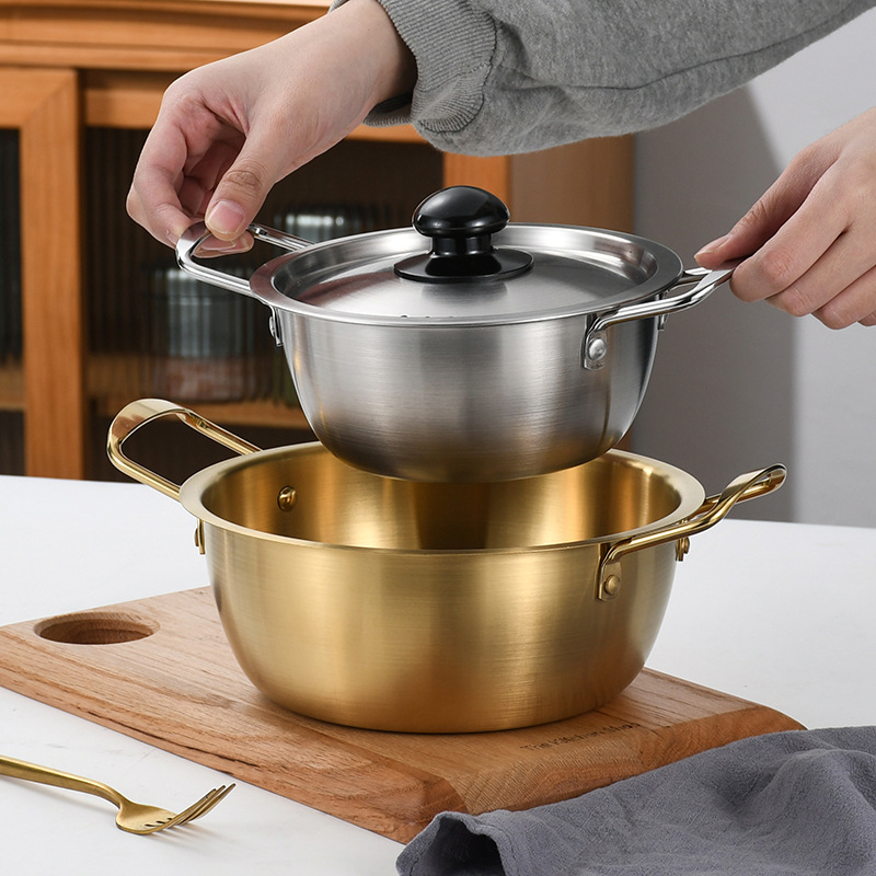 Korean Stainless Steel Ramen Instant Noodle Pot For Induction Cooker Cooking Small Boiling Soup Pot with Metal Lid