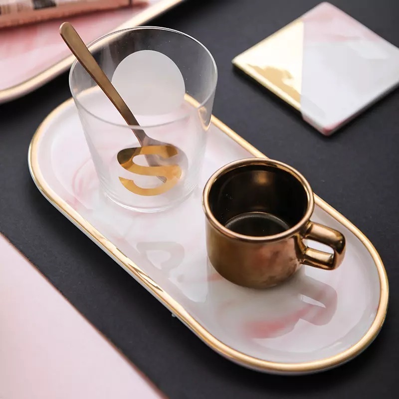 Popular high quality plate / wholesale marble serving black tray with gold rim