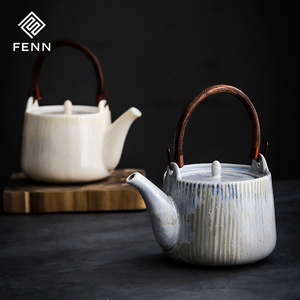 Nordic Tea Set Pot Reactive Glazed Vintage Tableware Drinkware Arabic Ceramic Teapot Porcelain Tea Pot with Bamboo Handle