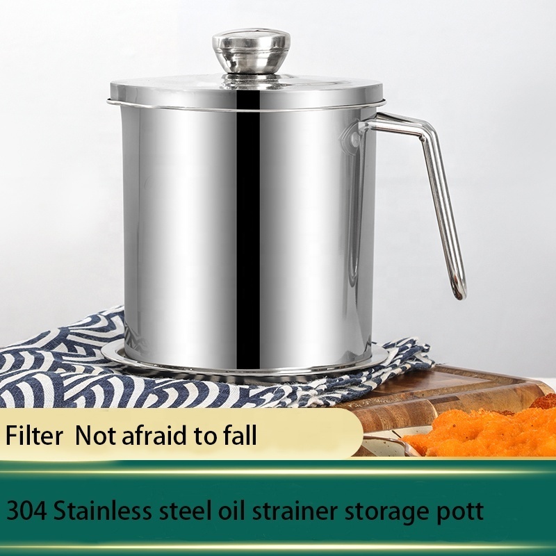 Household Kitchen Cooking Oil Drain Cup 1.7L Stainless Steel Oil Strainer Storage Pot