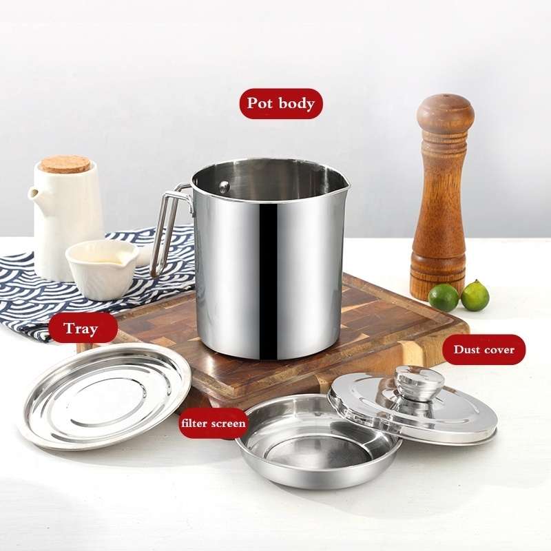 Household Kitchen Cooking Oil Drain Cup 1.7L Stainless Steel Oil Strainer Storage Pot