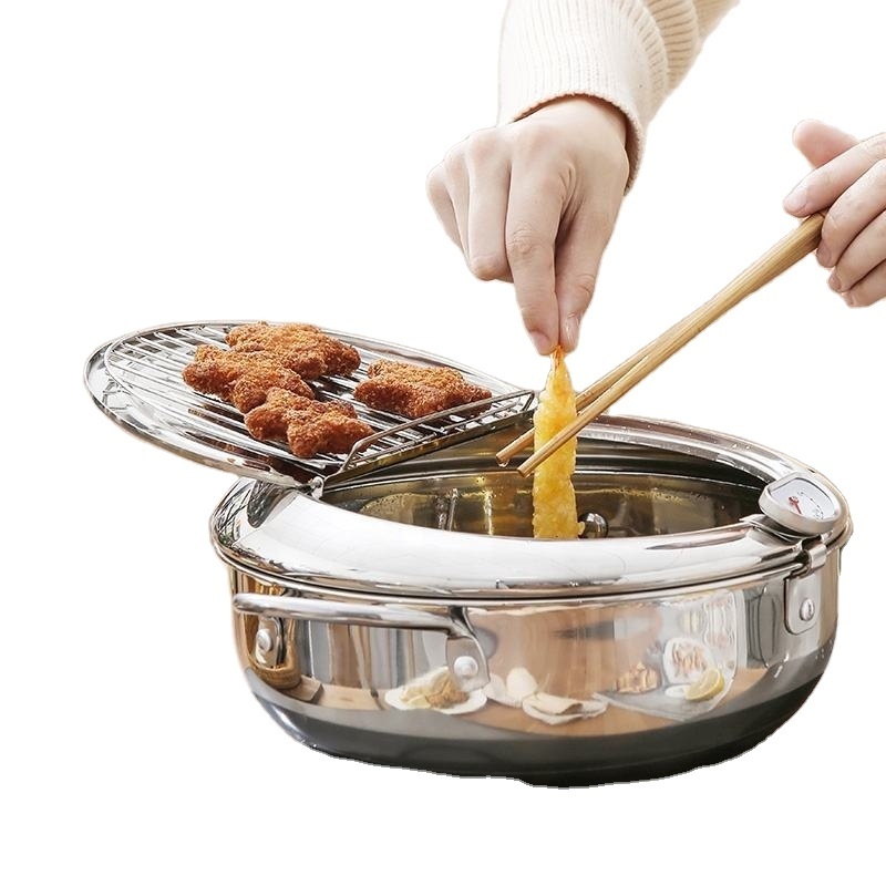 Convenient Stainless Steel Deep Frying Fryer Pot With Thermometer And Oil Filter Rack For Home Kitchen