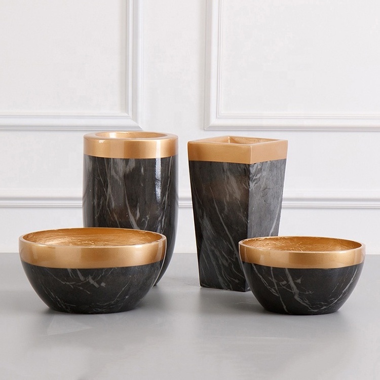 Indoor Roman Style Black Marble Planter Flower Pot Stone Look Vases with Gold Rim