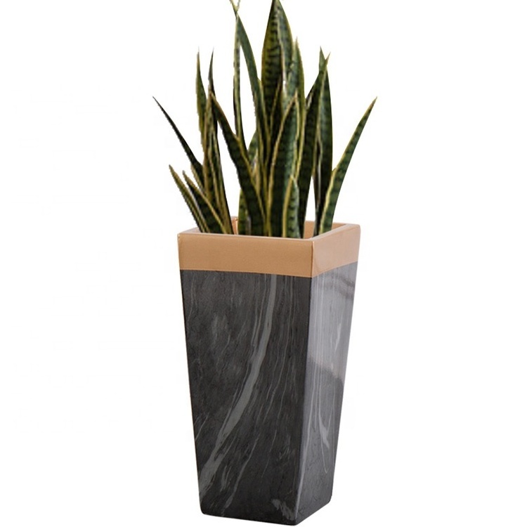 Indoor Roman Style Black Marble Planter Flower Pot Stone Look Vases with Gold Rim