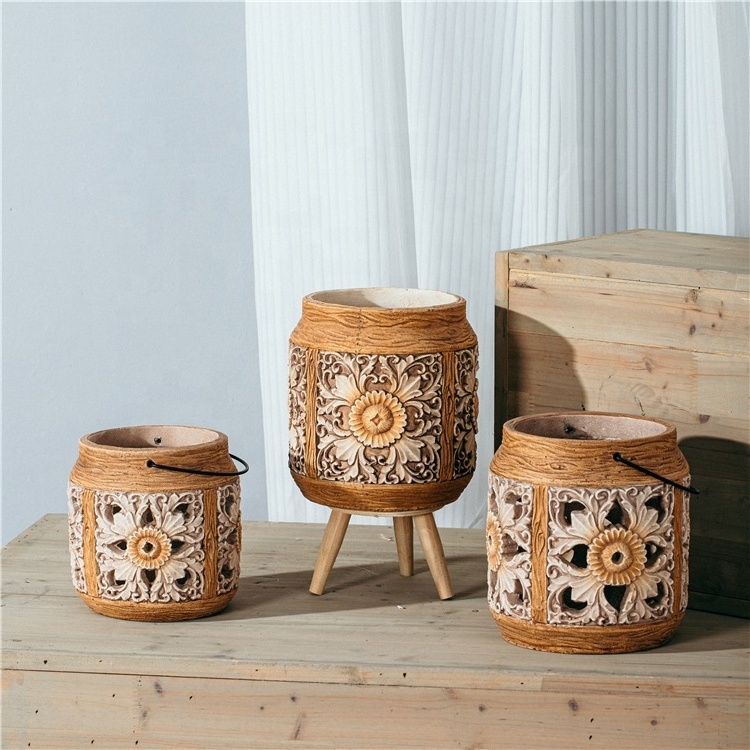 Wholesale bulk carved wood design hollow candle stand decoration cement candle holders lanterns