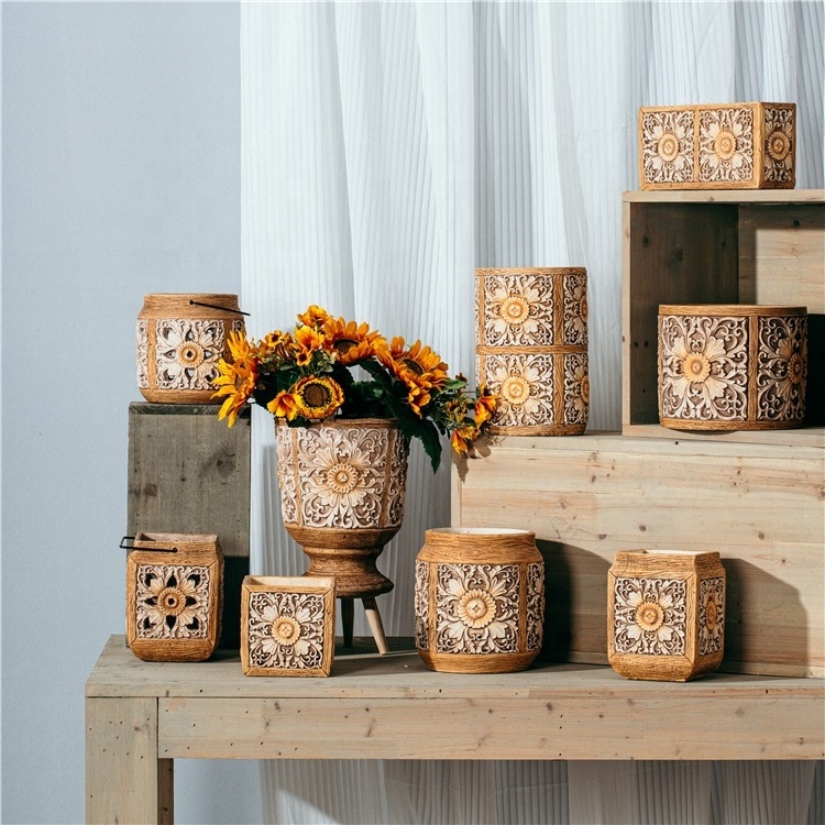 Wholesale bulk carved wood design hollow candle stand decoration cement candle holders lanterns