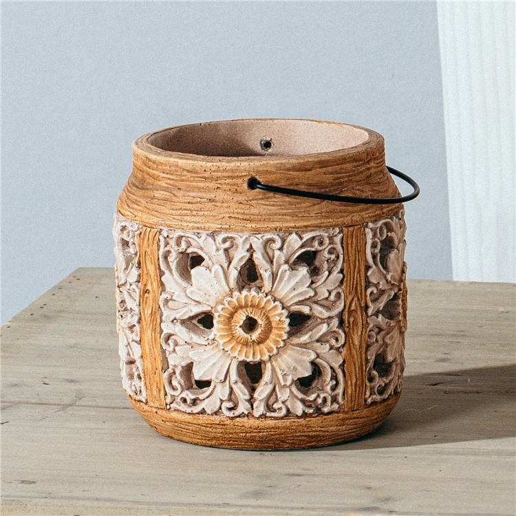 Wholesale bulk carved wood design hollow candle stand decoration cement candle holders lanterns