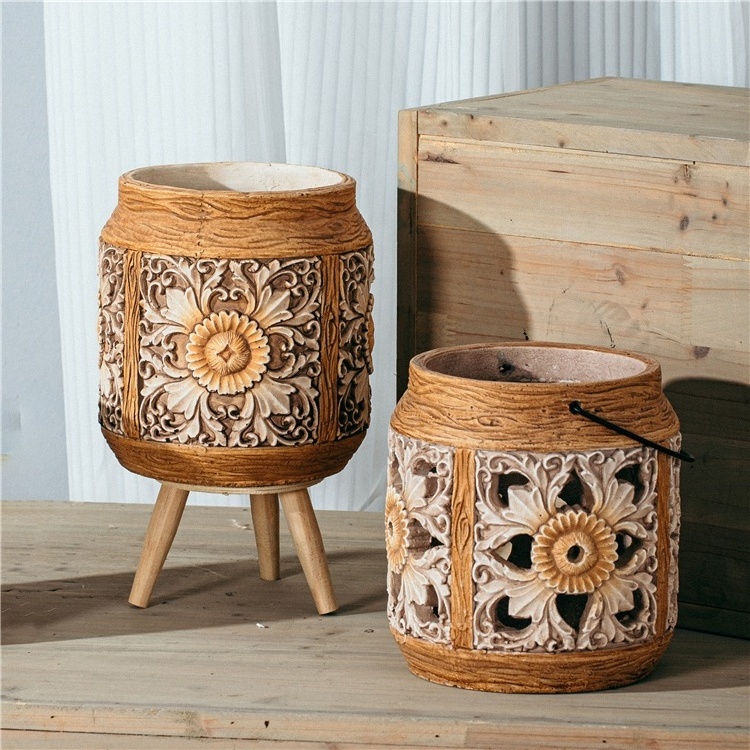 Wholesale bulk carved wood design hollow candle stand decoration cement candle holders lanterns