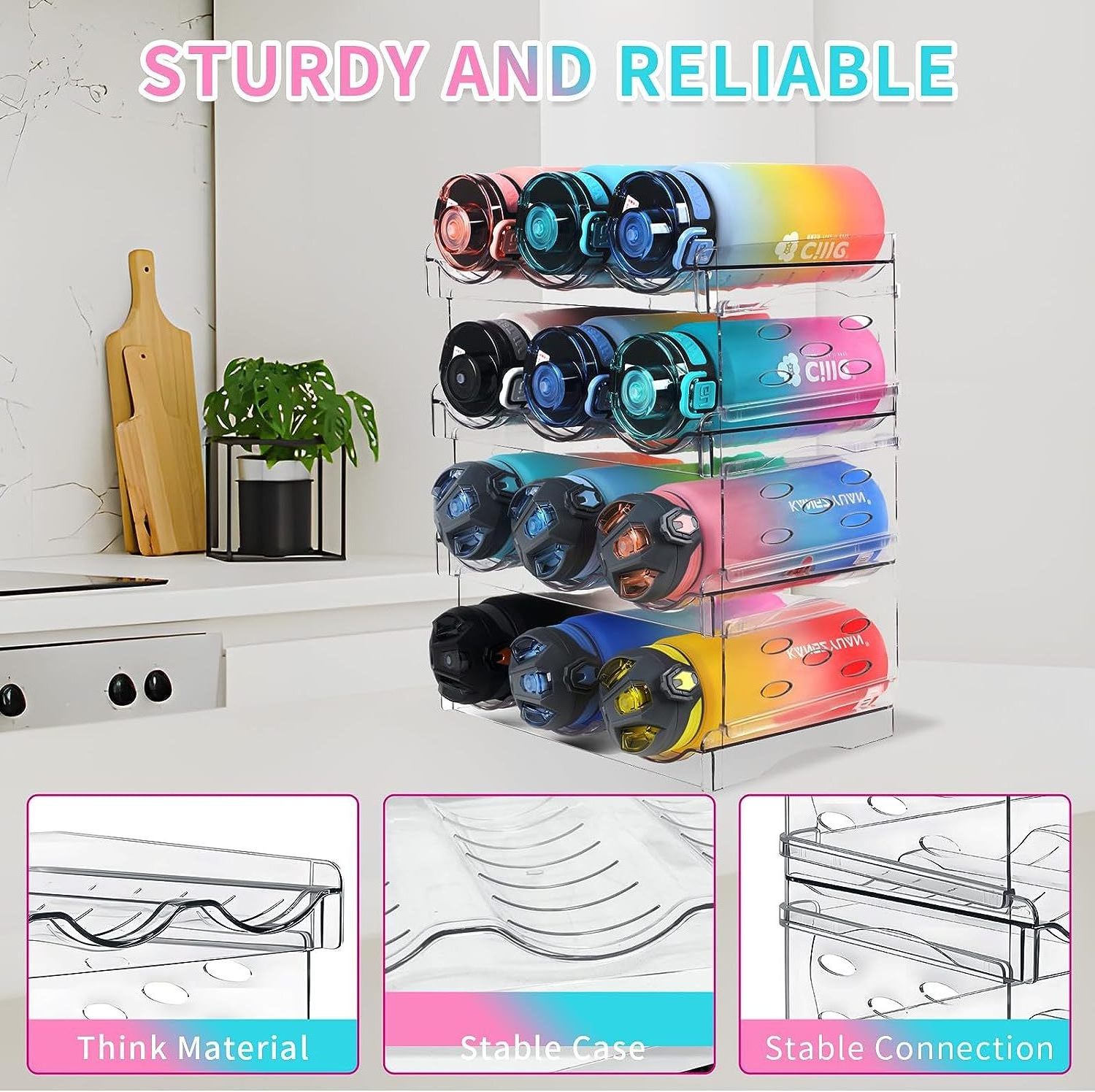 Cup Storage Rack Sports Water Bottle Storage Stand 4 Tier Adjustable Stackable Plastic Water Bottle Organizer Rack For Cabinet