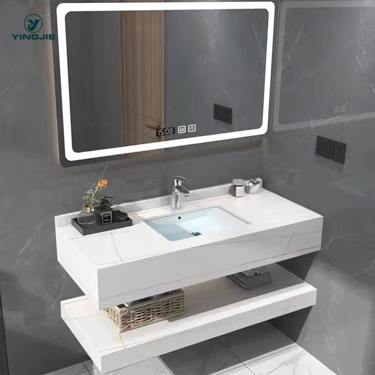 New artificial stone wall mounted marble bathroom sink lavabo vanity cabinet with smart led mirror