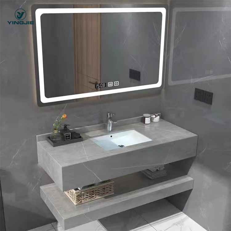 New artificial stone wall mounted marble bathroom sink lavabo vanity cabinet with smart led mirror