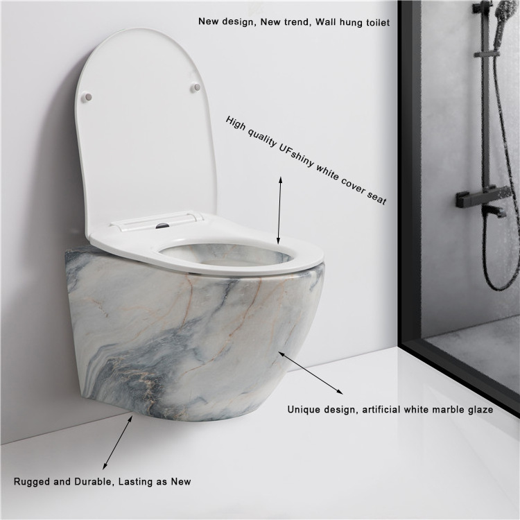 European ceramic sanitary ware wash down P-trap bathroom mount white marble toilet bowl rimless wall hung toilets