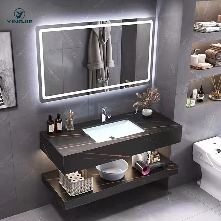 New artificial stone wall mounted marble bathroom sink lavabo vanity cabinet with smart led mirror