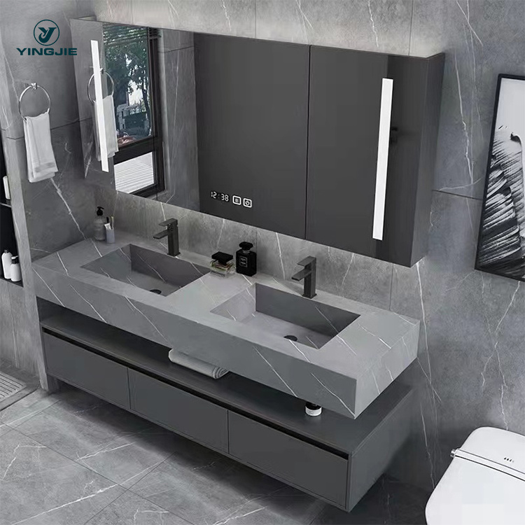 Euro Style Bathroom Black marble Cabinet 36 Inch Bath sintered stone Vanity Set With counter top Suspended double Sink