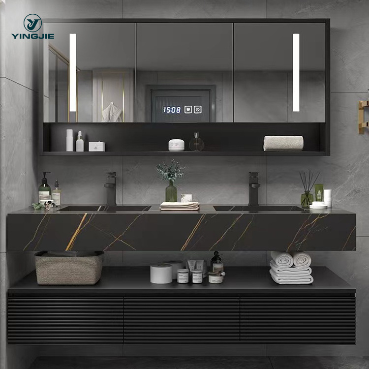 Euro Style Bathroom Black marble Cabinet 36 Inch Bath sintered stone Vanity Set With counter top Suspended double Sink