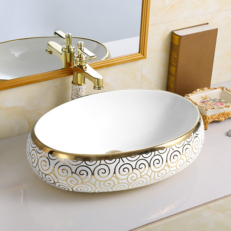 Chaozhou modern design bathroom round circular face basin with faucet hole luxury gold electroplating wash basin