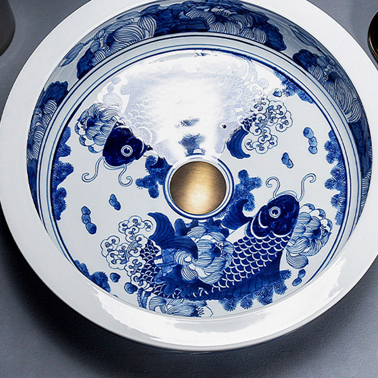 factory Blue and White Porcelain Sink Chinese Style Hand Painted Bathroom Vessel Sink for Hotel