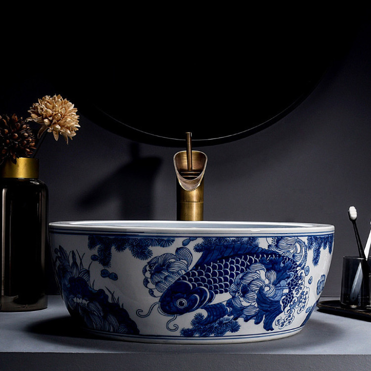 factory Blue and White Porcelain Sink Chinese Style Hand Painted Bathroom Vessel Sink for Hotel