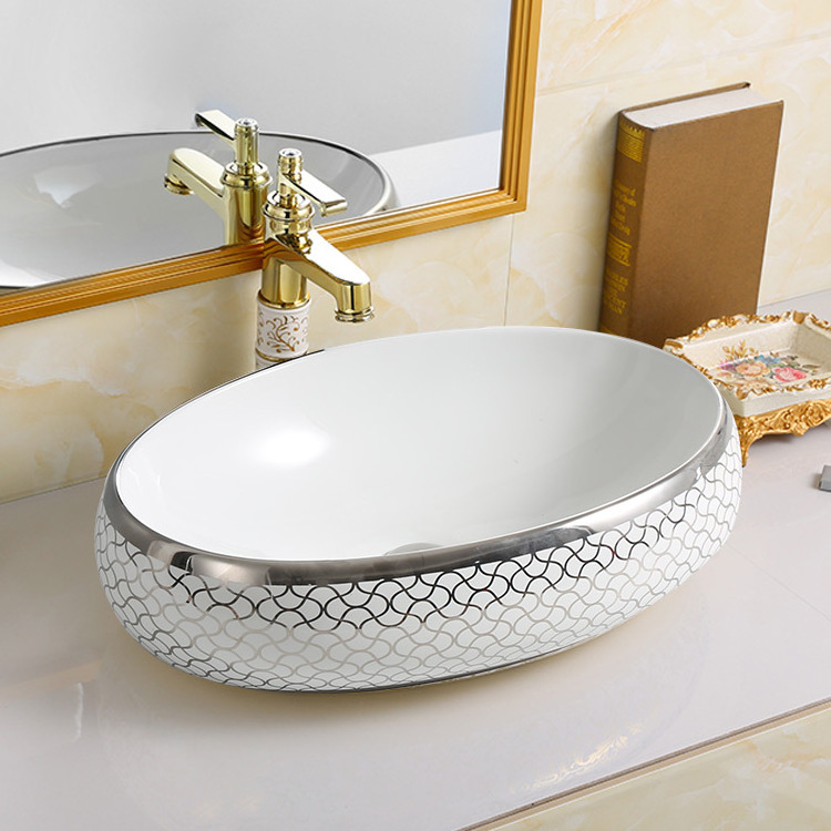 Chaozhou modern design bathroom round circular face basin with faucet hole luxury gold electroplating wash basin