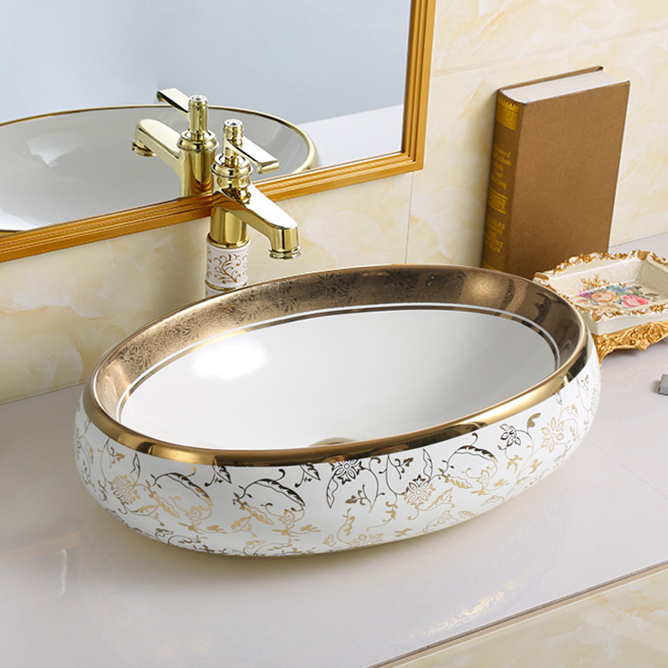 Chaozhou modern design bathroom round circular face basin with faucet hole luxury gold electroplating wash basin