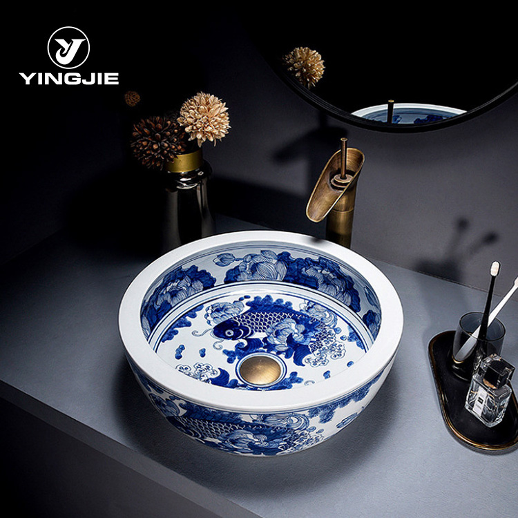 factory Blue and White Porcelain Sink Chinese Style Hand Painted Bathroom Vessel Sink for Hotel