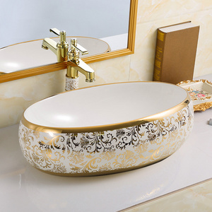 Chaozhou modern design bathroom round circular face basin with faucet hole luxury gold electroplating wash basin