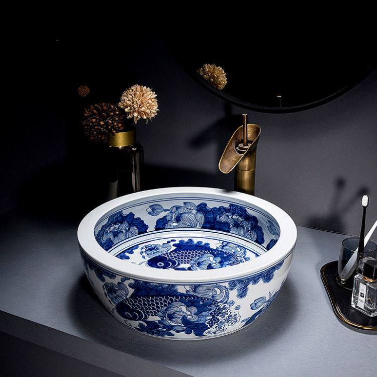 factory Blue and White Porcelain Sink Chinese Style Hand Painted Bathroom Vessel Sink for Hotel